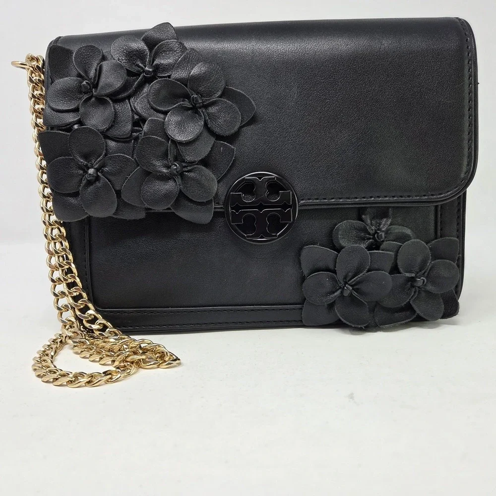 Tory Burch Duet Chain Flower Convertible Black Leather Shoulder Bag Gold Strap